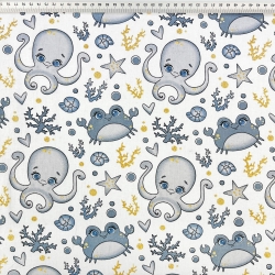Baumwolle 100% maritimes Muster mit Oktopussen und grauen Krabben  