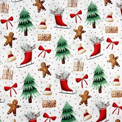 Baumwolle 100% Weihnachtsmuster Schlittschuhe, Tannenbaum und Lebkuchen auf weißem Hintergrund  