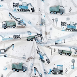 Baumwolle 100% Straßenbau blau-grün auf weißem Hintergrund  