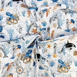 Baumwolle 100% maritimes Muster mit blauen Walen und Schiffen  