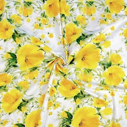 100% Baumwolle mit gelben Blumen auf weißem Hintergrund  