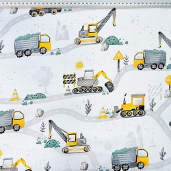 Baumwolle 100% Straßenbau gelb-grau auf weißem Hintergrund  