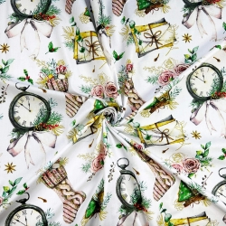 Baumwolle 100% Weihnachtsmuster Neujahrsuhren mit Rosen auf weißem Hintergrund  