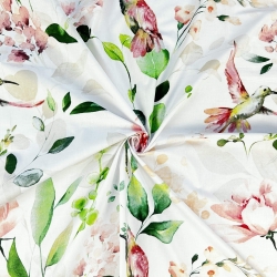 Baumwolle 100% Pfingstrosen mit Kolibris auf weißem Hintergrund - 220cm  