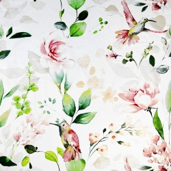 Baumwolle 100% Pfingstrosen mit Kolibris auf weißem Hintergrund - 220cm  