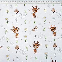 Baumwolle 100% Rentiere mit Kamille auf weißem Hintergrund  