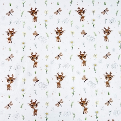 Baumwolle 100% Rentiere mit Kamille auf weißem Hintergrund  