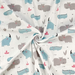 Musselin Double Gauze bedruckt mit Nashörnern und Nilpferden  