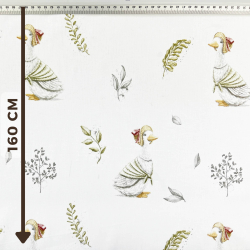 100% Baumwolle mit grauen Gänsen und Zweigen auf weißem Hintergrund  