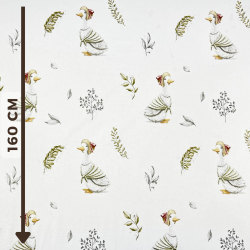 100% Baumwolle mit grauen Gänsen und Zweigen auf weißem Hintergrund  