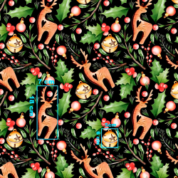 Baumwolle 100% Weihnachtsmuster mit Stechpalme auf schwarzem Hintergrund  