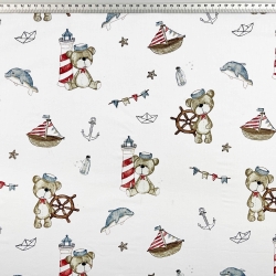 100% Baumwolle mit Bären und Laternen mit Delfinen auf weißem Hintergrund  