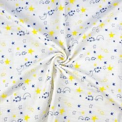 Musselin Double Gauze bedruckt mit Sternbildern in blau-gelb  