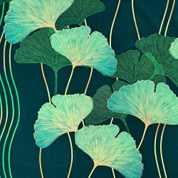 Baumwolle 100% Ginkgo-Blätter grün auf dunkelgrünem Hintergrund  