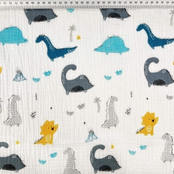 Musselin Double Gauze bedruckt mit grau-türkisen Dinosauriern  