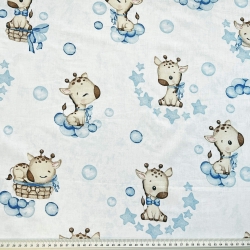 Baumwolle 100% Baby-Giraffen beige auf weiß-blauem Hintergrund  