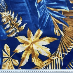 Baumwolle 100% große Blätter gold-saphir auf saphirfarbenem Hintergrund - 220cm  