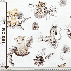 Baumwolle 100% afrikanische Tiere beige in tropischen Blättern auf weißem Hintergrund  