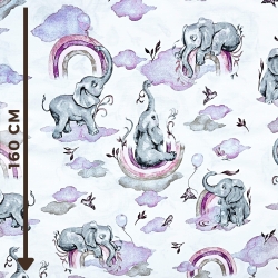 Baumwolle 100% Elefanten lila rosa mit Regenbogen auf weißem Hintergrund  