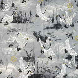 Baumwolle 100% Vögel Kraniche auf grauem Hintergrund
