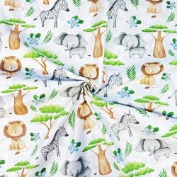 Baumwolle 100% afrikanische Tiere mit Baobab auf weißem Hintergrund  