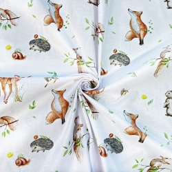 Baumwolle 100% Rehkitze, Füchse und Eichhörnchen auf weißem Hintergrund  