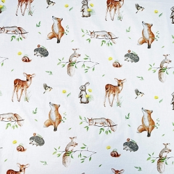 Baumwolle 100% Rehkitze, Füchse und Eichhörnchen auf weißem Hintergrund  