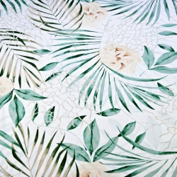 Baumwolle 100% grüne Blätter mit ecru Blumen auf weißem Hintergrund - 220cm  