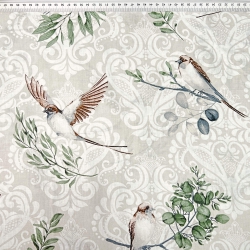 Baumwolle 100% braune Schwalben auf beigem Hintergrund  