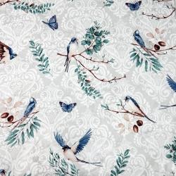 Baumwolle 100% blaue Schwalben auf grauem Hintergrund  