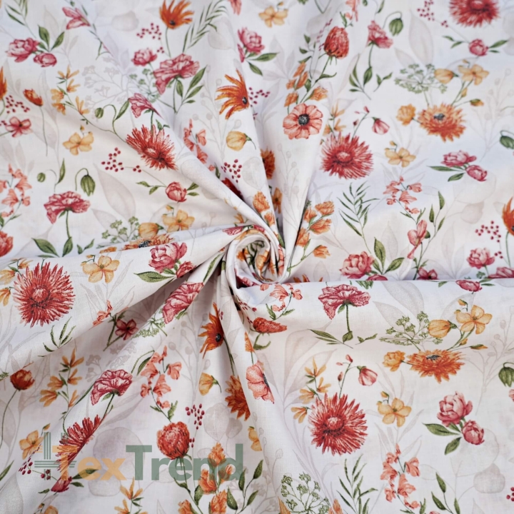 Baumwolle 100% Wiesenblumen rot-orange  