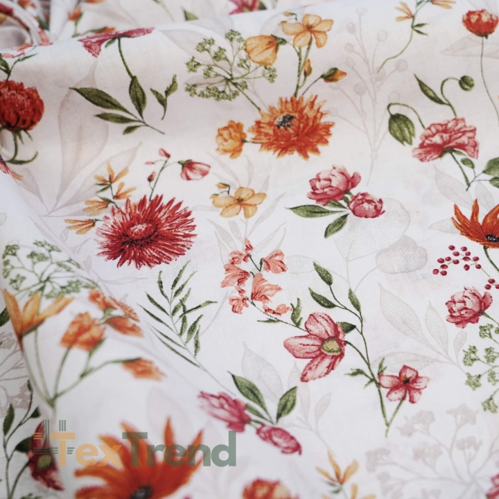 Baumwolle 100% Wiesenblumen rot-orange  