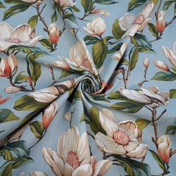 Baumwolle 100% Magnolienblumen beige auf blau-grauem Hintergrund  