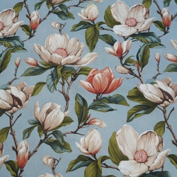 Baumwolle 100% Magnolienblumen beige auf blau-grauem Hintergrund  