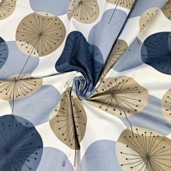 Baumwolle 100% beige-dunkelblaue Pusteblumen auf weißem Hintergrund  