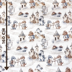 100% Baumwolle Dinosaurier dunkelblau-braun auf Ausflug auf weißem Hintergrund  