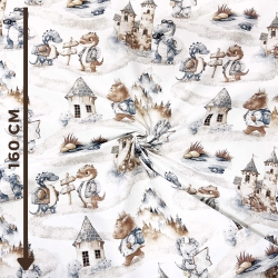 100% Baumwolle Dinosaurier dunkelblau-braun auf Ausflug auf weißem Hintergrund  