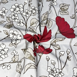 Baumwolle 100% große rote Blumen mit ecru Blumen auf grauem Hintergrund  