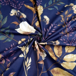 Baumwolle 100% Mohnblumen und Dill auf dunkelblauem Hintergrund  