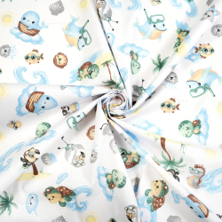 100% Baumwolle Tiere am Meer auf weißem Hintergrund  