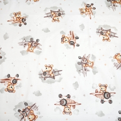 Baumwolle 100% Bären in beigen Flugzeugen auf weißem Hintergrund  