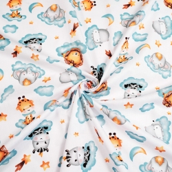 Baumwolle 100% afrikanische Tiere auf blauen Wolken auf weißem Hintergrund  