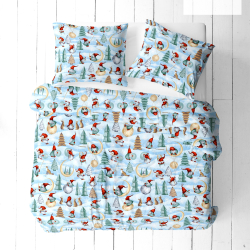 Baumwolle 100% weihnachtliches Muster Wichtel mit Mond rot-mint auf blauem Hintergrund  