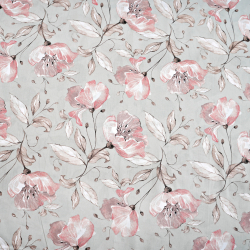 Bawełna 100% kwiaty łososiowe z brązowymi liśćmi na szarym tle