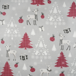 100% Baumwolle Weihnachtsrehe mit burgunderfarbenen Tannenbäumen auf grauem Hintergrund