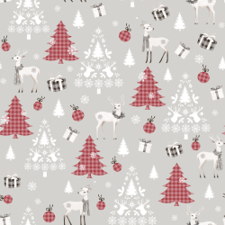 100% Baumwolle Weihnachtsrehe mit burgunderfarbenen Tannenbäumen auf grauem Hintergrund