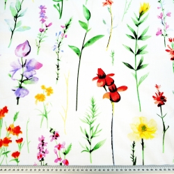 Baumwolle 100% bunte Wiesenblumen mit Zweigen auf weißem Hintergrund - 220 cm  