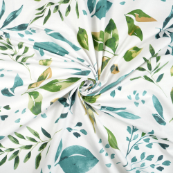 Bawełna 100% liście zielono szmaragdowe na białym tle - 220 cm