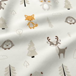 100% Baumwolle mit Tieren und Bäumen auf ecrufarbenem Hintergrund