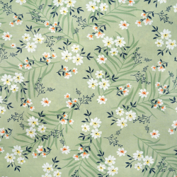 100% Baumwolle mit weißen Blumen auf pistaziengrünem Hintergrund - 220cm